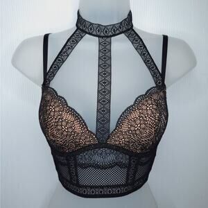 Victorias Secret Very Sexy Lace Bustier Bralette Halter 32C Lined Plunge Bondage